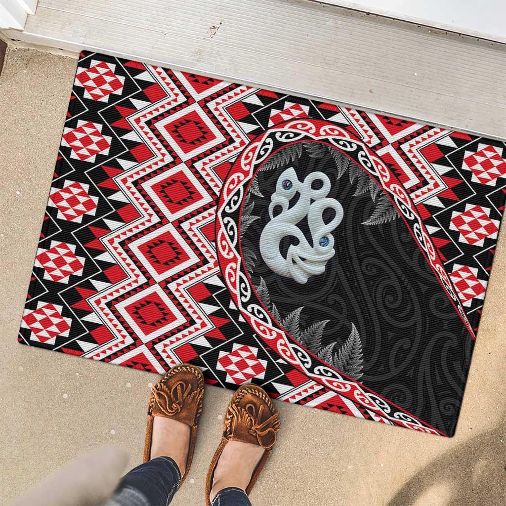 Red Taniko Motif Aotearoa Manaia and Silver Fern Rubber Doormat LT03 - Polynesian Pride