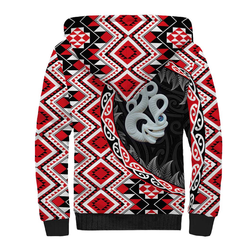 Red Taniko Motif Aotearoa Manaia and Silver Fern Sherpa Hoodie LT03 - Polynesian Pride