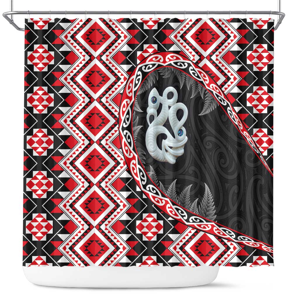 Red Taniko Motif Aotearoa Manaia and Silver Fern Shower Curtain