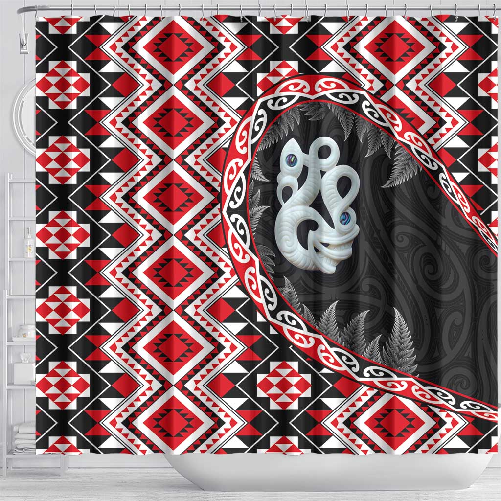 Red Taniko Motif Aotearoa Manaia and Silver Fern Shower Curtain
