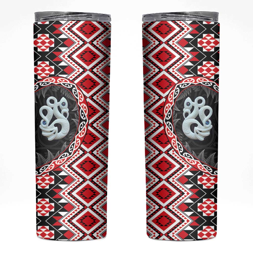 Red Taniko Motif Aotearoa Manaia and Silver Fern Skinny Tumbler
