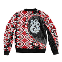 Red Taniko Motif Aotearoa Manaia and Silver Fern Sleeve Zip Bomber Jacket