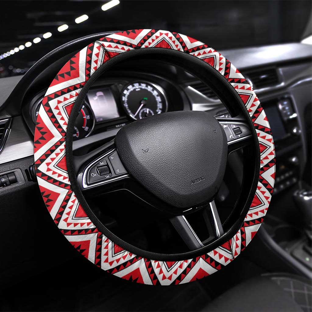Red Taniko Motif Aotearoa Manaia and Silver Fern Steering Wheel Cover LT03 Universal Fit Red - Polynesian Pride