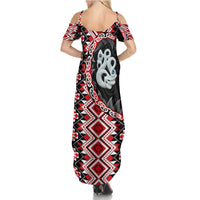 Red Taniko Motif Aotearoa Manaia and Silver Fern Summer Maxi Dress LT03 - Polynesian Pride