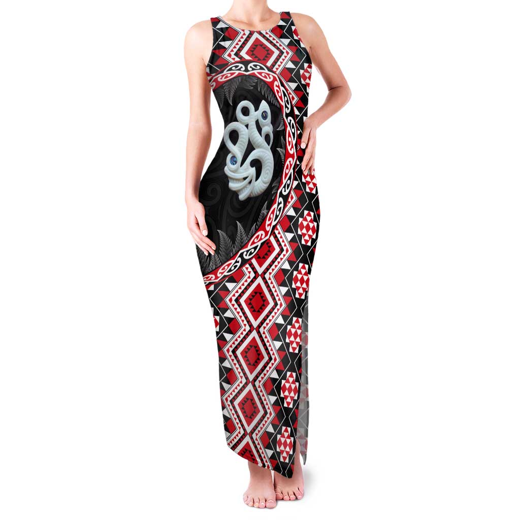 Red Taniko Motif Aotearoa Manaia and Silver Fern Tank Maxi Dress LT03 Women Red - Polynesian Pride