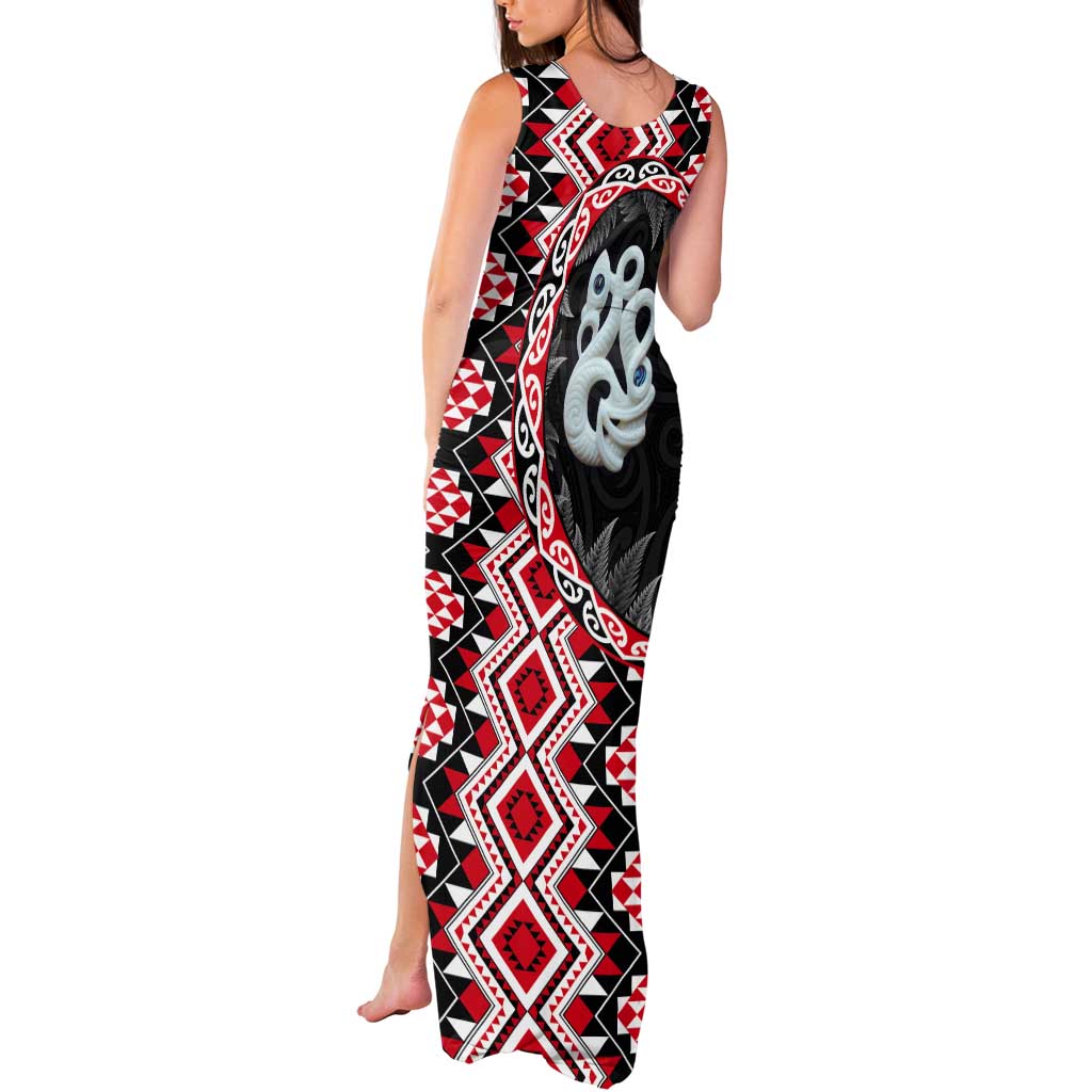 Red Taniko Motif Aotearoa Manaia and Silver Fern Tank Maxi Dress LT03 - Polynesian Pride