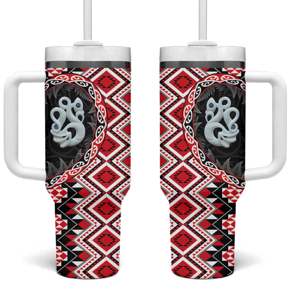 Red Taniko Motif Aotearoa Manaia and Silver Fern Tumbler With Handle LT03 One Size: 40 oz Red - Polynesian Pride
