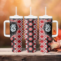 Red Taniko Motif Aotearoa Manaia and Silver Fern Tumbler With Handle LT03 - Polynesian Pride