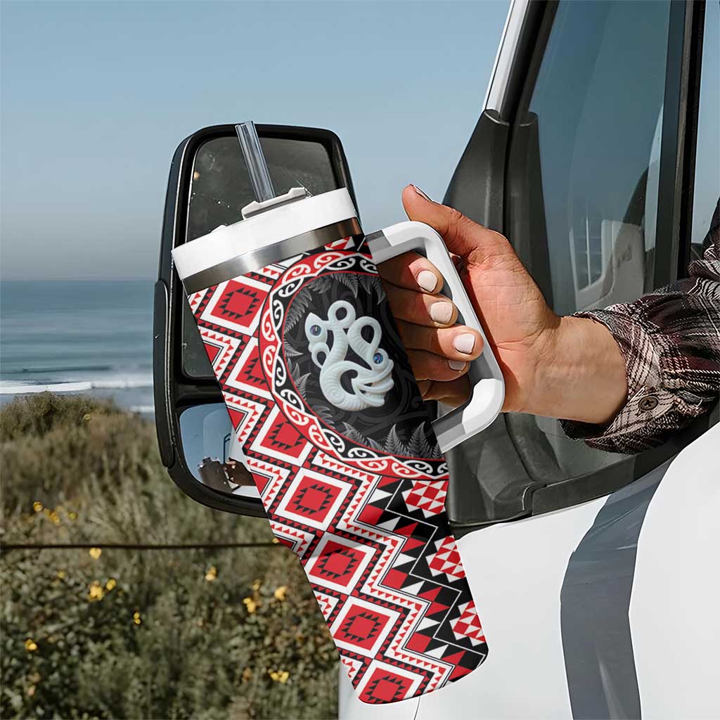 Red Taniko Motif Aotearoa Manaia and Silver Fern Tumbler With Handle LT03 - Polynesian Pride