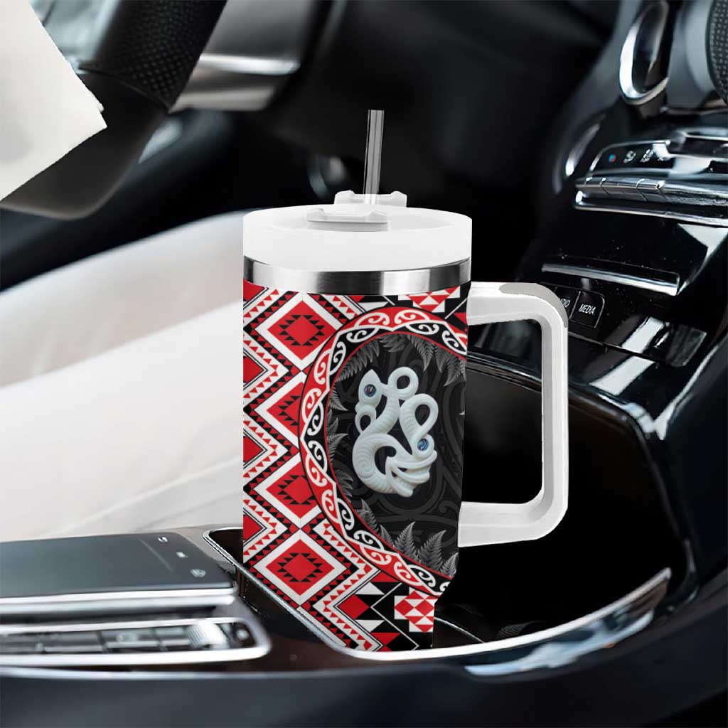 Red Taniko Motif Aotearoa Manaia and Silver Fern Tumbler With Handle LT03 - Polynesian Pride