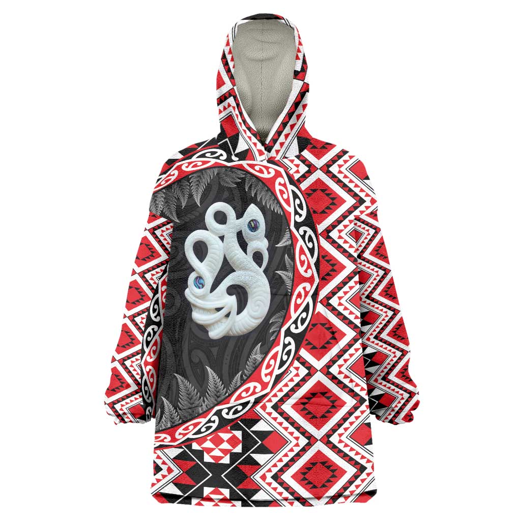 Red Taniko Motif Aotearoa Manaia and Silver Fern Wearable Blanket Hoodie LT03 One Size Red - Polynesian Pride