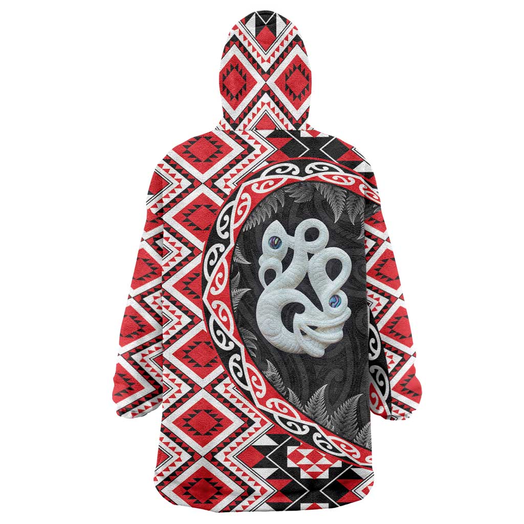 Red Taniko Motif Aotearoa Manaia and Silver Fern Wearable Blanket Hoodie LT03 - Polynesian Pride
