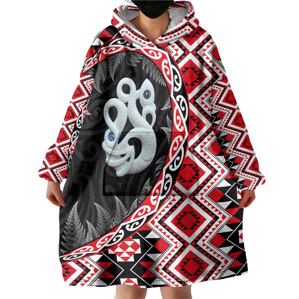 Red Taniko Motif Aotearoa Manaia and Silver Fern Wearable Blanket Hoodie LT03 - Polynesian Pride