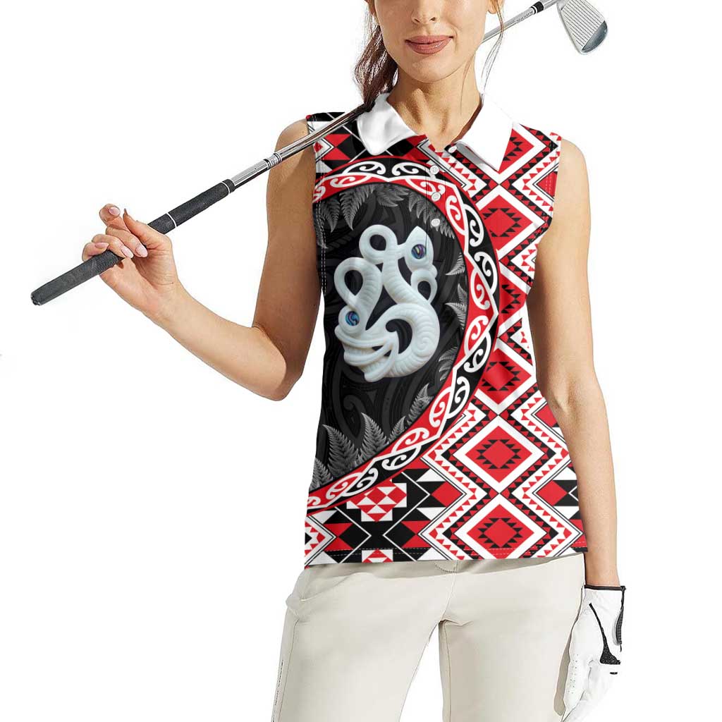 Red Taniko Motif Aotearoa Manaia and Silver Fern Women Sleeveless Polo Shirt