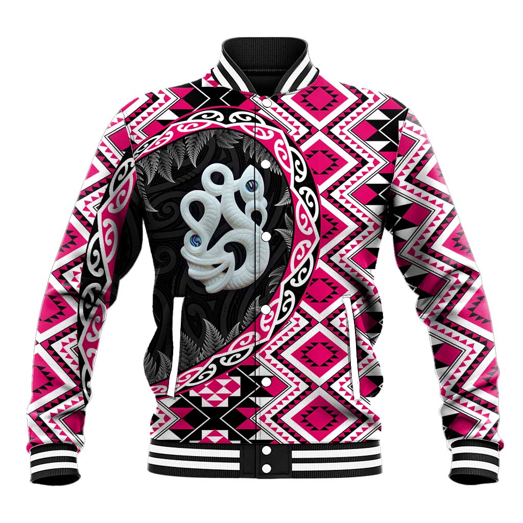 Pink Taniko Motif Aotearoa Manaia and Silver Fern Baseball Jacket LT03 Unisex Pink - Polynesian Pride