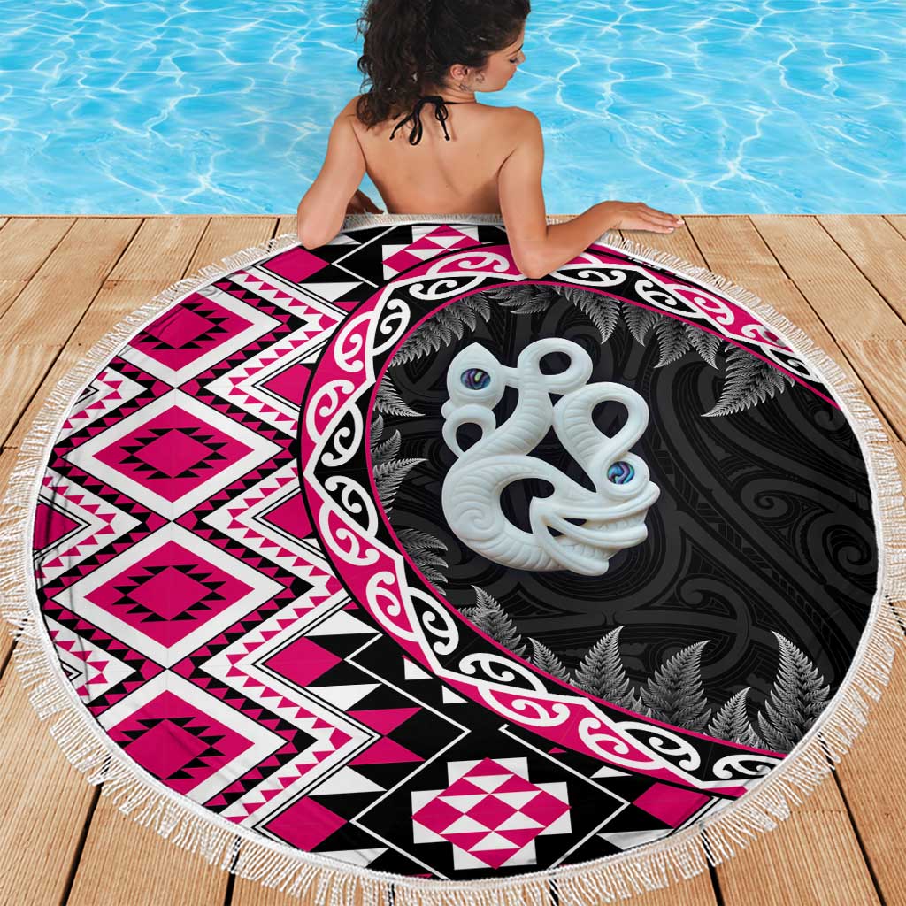 Pink Taniko Motif Aotearoa Manaia and Silver Fern Beach Blanket LT03 - Polynesian Pride