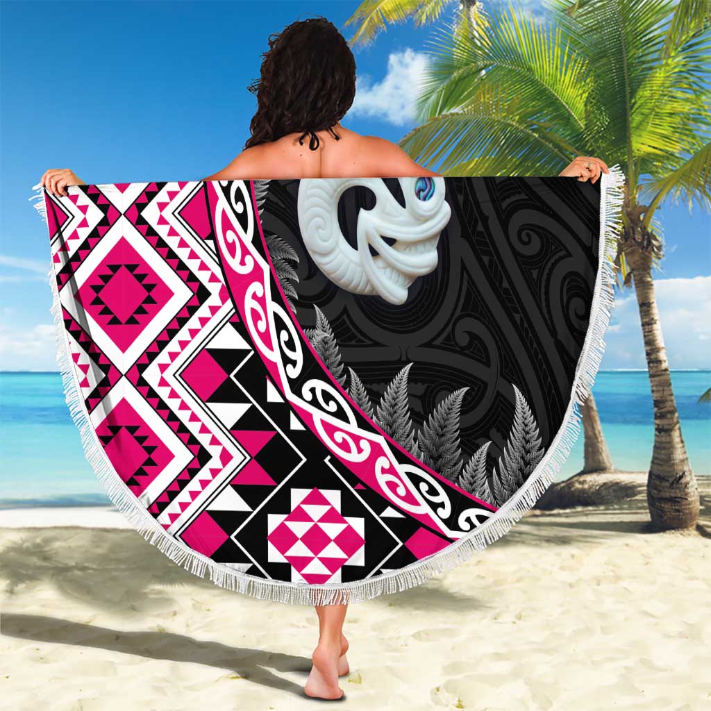 Pink Taniko Motif Aotearoa Manaia and Silver Fern Beach Blanket LT03 - Polynesian Pride