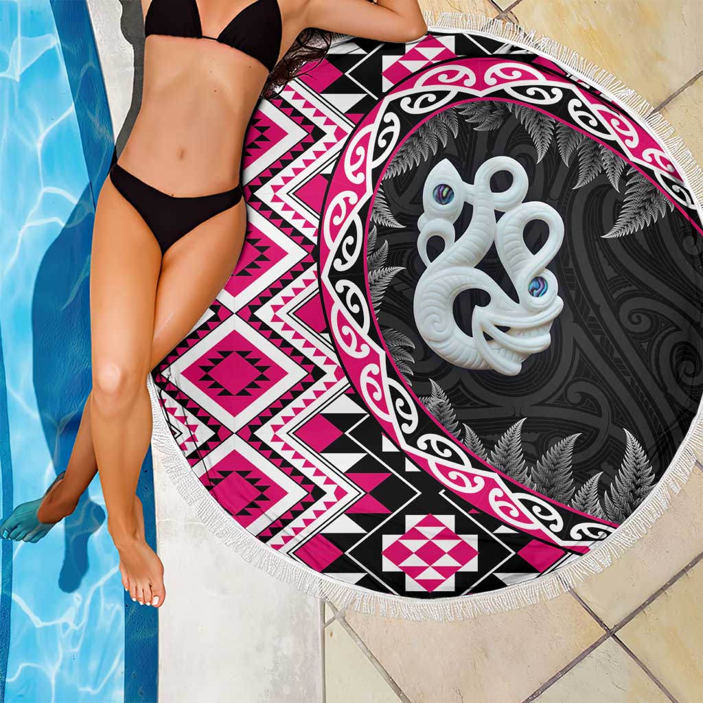 Pink Taniko Motif Aotearoa Manaia and Silver Fern Beach Blanket LT03 - Polynesian Pride