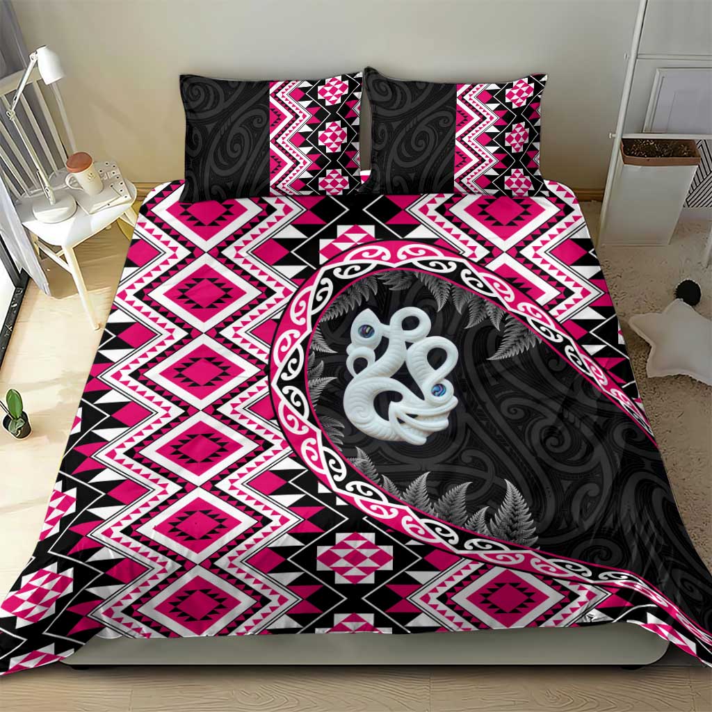Pink Taniko Motif Aotearoa Manaia and Silver Fern Bedding Set