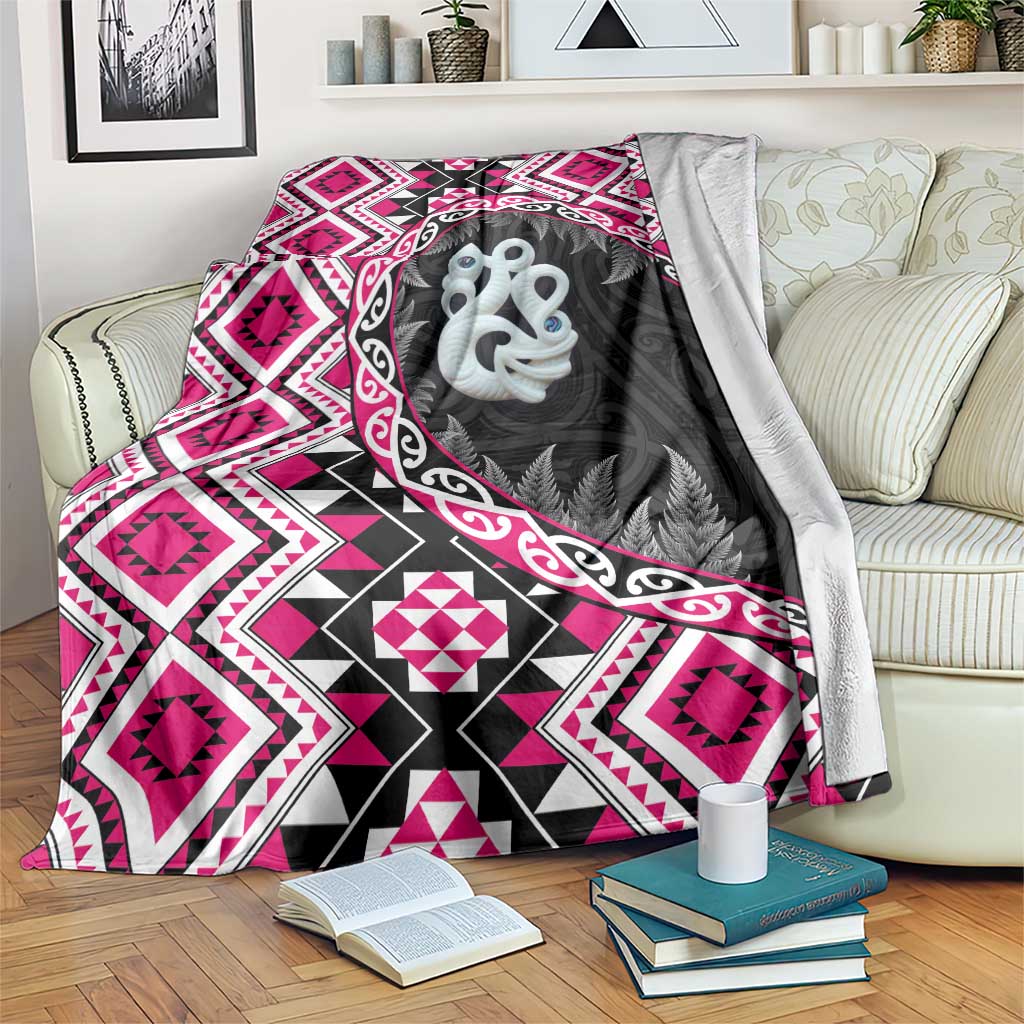 Pink Taniko Motif Aotearoa Manaia and Silver Fern Blanket LT03 Pink - Polynesian Pride