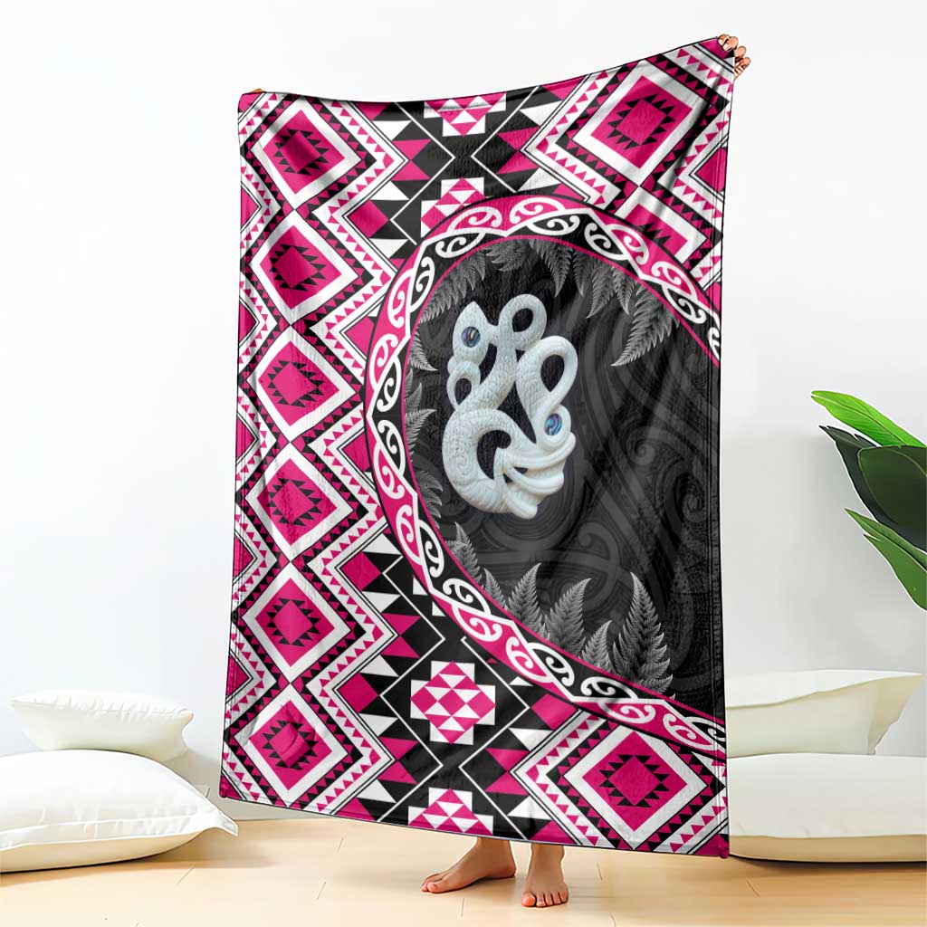 Pink Taniko Motif Aotearoa Manaia and Silver Fern Blanket LT03 - Polynesian Pride
