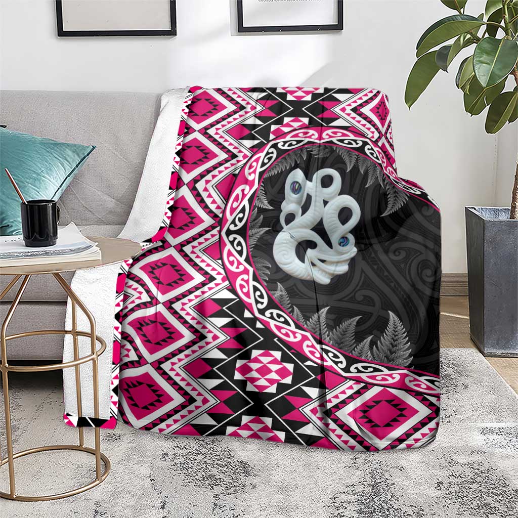 Pink Taniko Motif Aotearoa Manaia and Silver Fern Blanket LT03 - Polynesian Pride