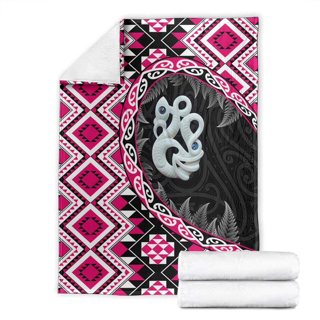 Pink Taniko Motif Aotearoa Manaia and Silver Fern Blanket LT03 - Polynesian Pride