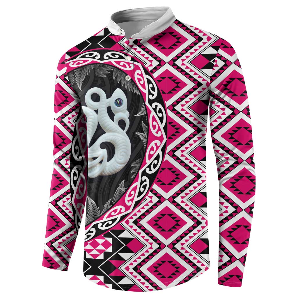 Pink Taniko Motif Aotearoa Manaia and Silver Fern Button Sweatshirt LT03 - Polynesian Pride