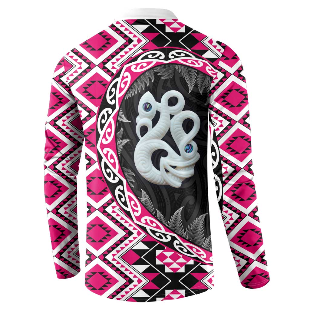 Pink Taniko Motif Aotearoa Manaia and Silver Fern Button Sweatshirt LT03 - Polynesian Pride