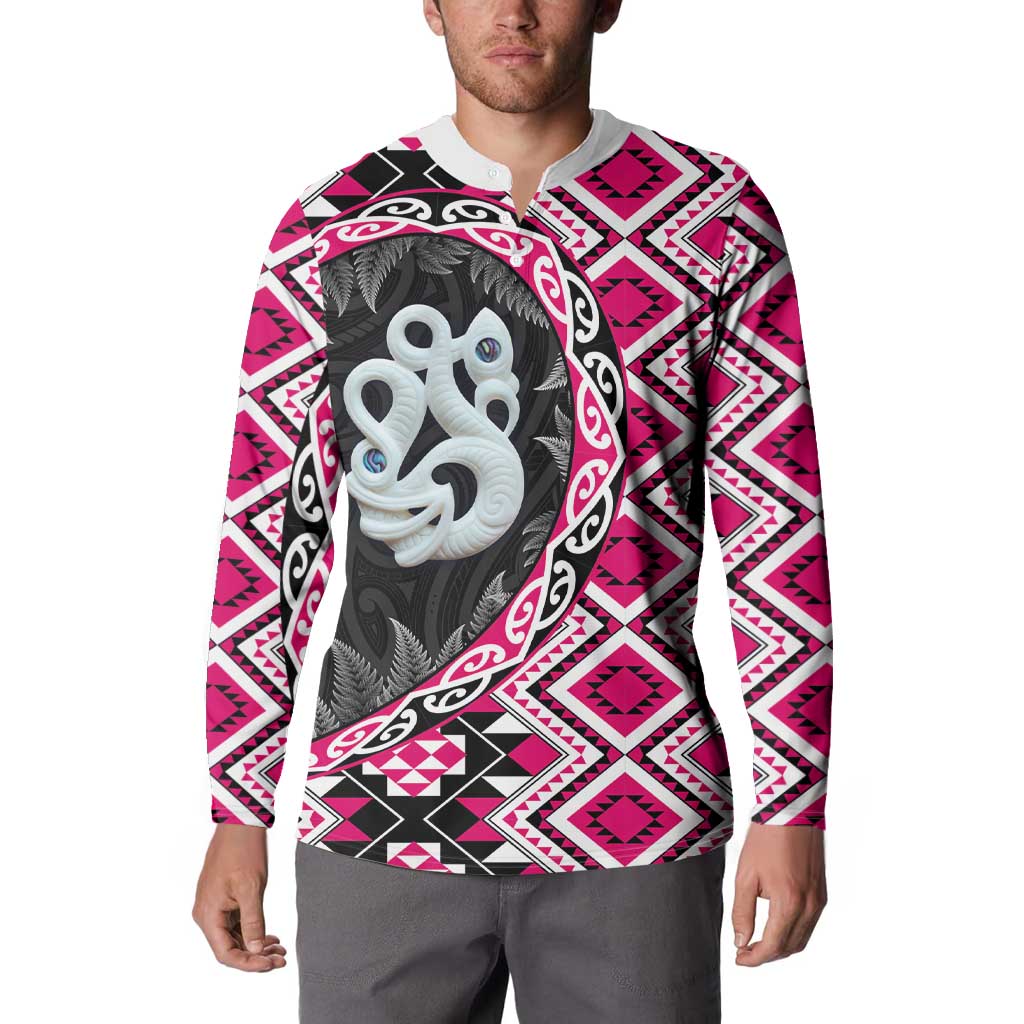 Pink Taniko Motif Aotearoa Manaia and Silver Fern Button Sweatshirt LT03 - Polynesian Pride