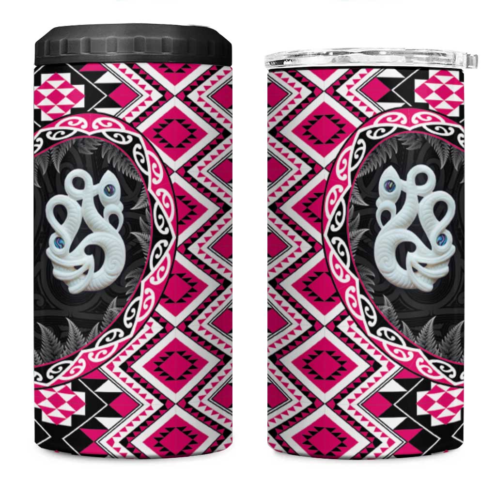 Pink Taniko Motif Aotearoa Manaia and Silver Fern 4 in 1 Can Cooler Tumbler LT03 One Size: 16 oz Pink - Polynesian Pride