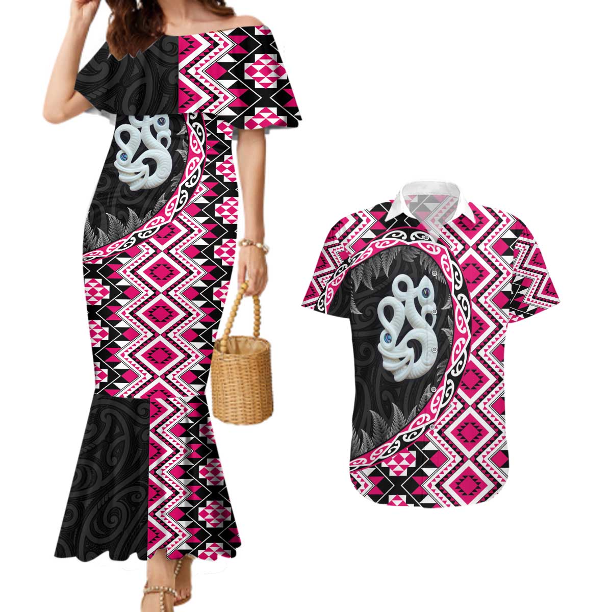 Pink Taniko Motif Aotearoa Manaia and Silver Fern Couples Matching Mermaid Dress and Hawaiian Shirt
