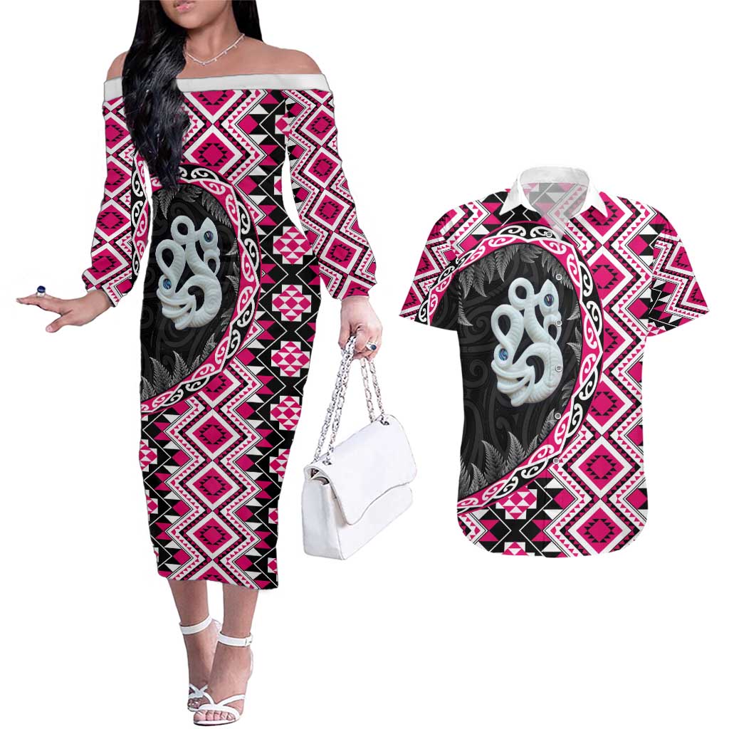 Pink Taniko Motif Aotearoa Manaia and Silver Fern Couples Matching Off The Shoulder Long Sleeve Dress and Hawaiian Shirt LT03 Pink - Polynesian Pride