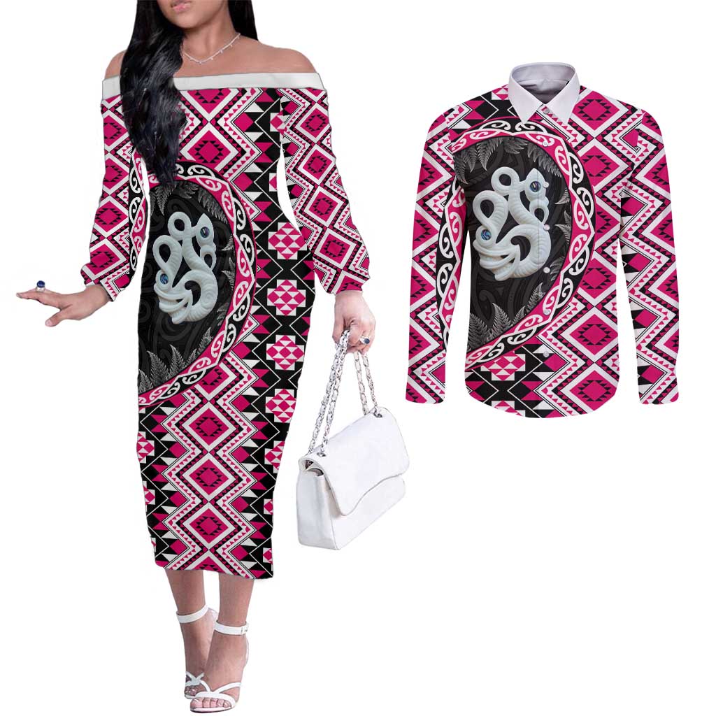 Pink Taniko Motif Aotearoa Manaia and Silver Fern Couples Matching Off The Shoulder Long Sleeve Dress and Long Sleeve Button Shirt