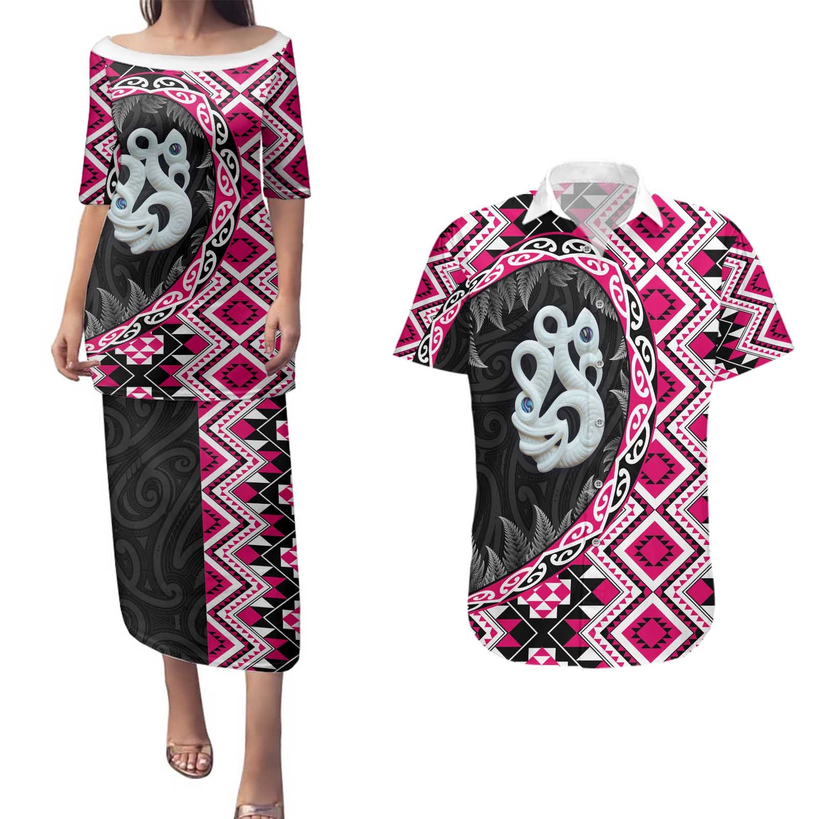 Pink Taniko Motif Aotearoa Manaia and Silver Fern Couples Matching Puletasi and Hawaiian Shirt LT03 Pink - Polynesian Pride