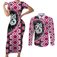 Pink Taniko Motif Aotearoa Manaia and Silver Fern Couples Matching Short Sleeve Bodycon Dress and Long Sleeve Button Shirt