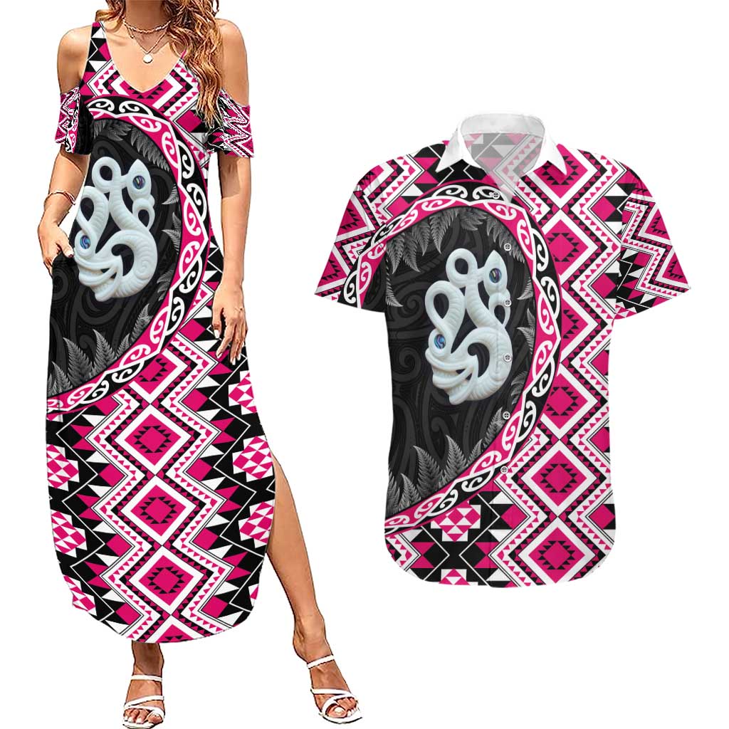 Pink Taniko Motif Aotearoa Manaia and Silver Fern Couples Matching Summer Maxi Dress and Hawaiian Shirt LT03 Pink - Polynesian Pride