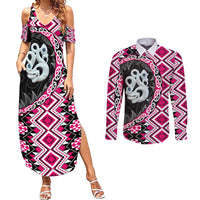 Pink Taniko Motif Aotearoa Manaia and Silver Fern Couples Matching Summer Maxi Dress and Long Sleeve Button Shirt