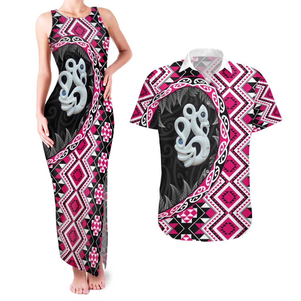 Pink Taniko Motif Aotearoa Manaia and Silver Fern Couples Matching Tank Maxi Dress and Hawaiian Shirt LT03 Pink - Polynesian Pride