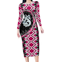 Pink Taniko Motif Aotearoa Manaia and Silver Fern Family Matching Long Sleeve Bodycon Dress and Hawaiian Shirt