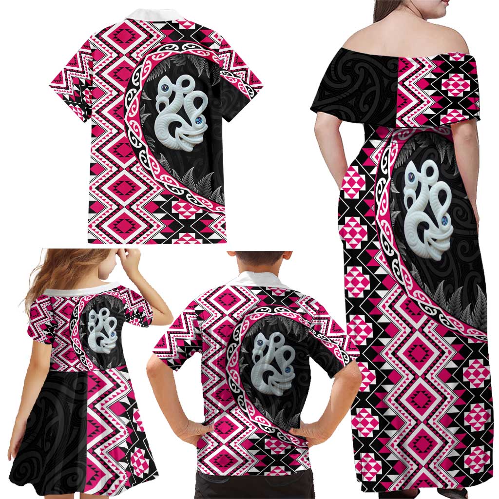 Pink Taniko Motif Aotearoa Manaia and Silver Fern Family Matching Off Shoulder Maxi Dress and Hawaiian Shirt