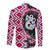 Pink Taniko Motif Aotearoa Manaia and Silver Fern Family Matching Off Shoulder Maxi Dress and Hawaiian Shirt