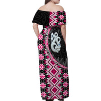 Pink Taniko Motif Aotearoa Manaia and Silver Fern Family Matching Off Shoulder Maxi Dress and Hawaiian Shirt