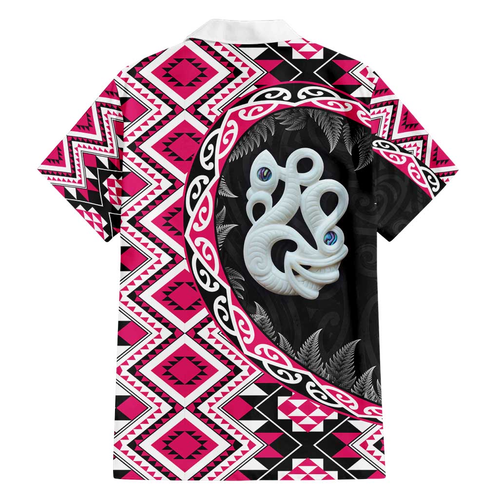 Pink Taniko Motif Aotearoa Manaia and Silver Fern Family Matching Puletasi and Hawaiian Shirt