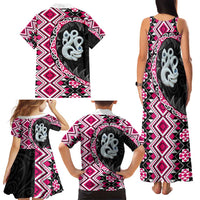 Pink Taniko Motif Aotearoa Manaia and Silver Fern Family Matching Tank Maxi Dress and Hawaiian Shirt