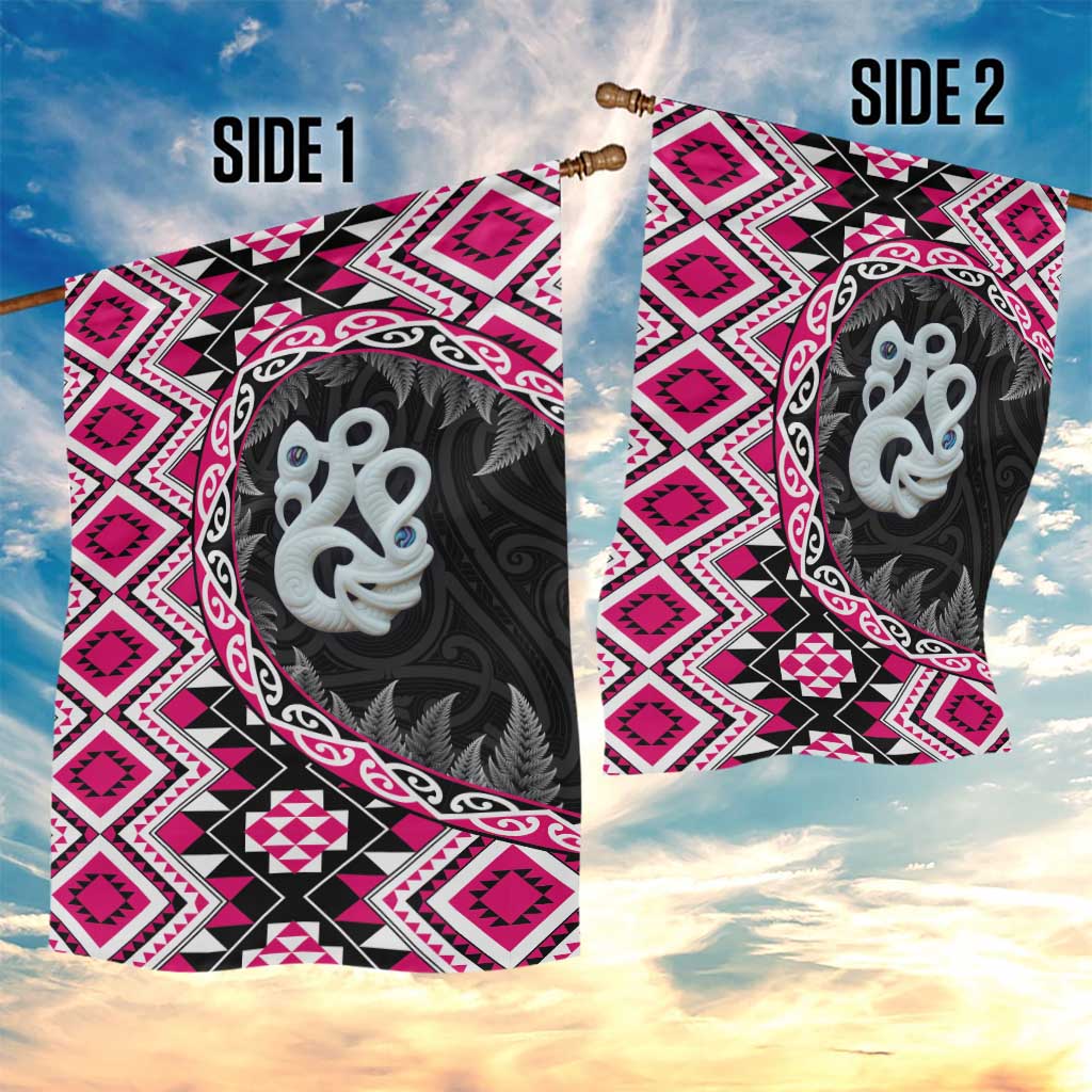 Pink Taniko Motif Aotearoa Manaia and Silver Fern Garden Flag LT03 - Polynesian Pride
