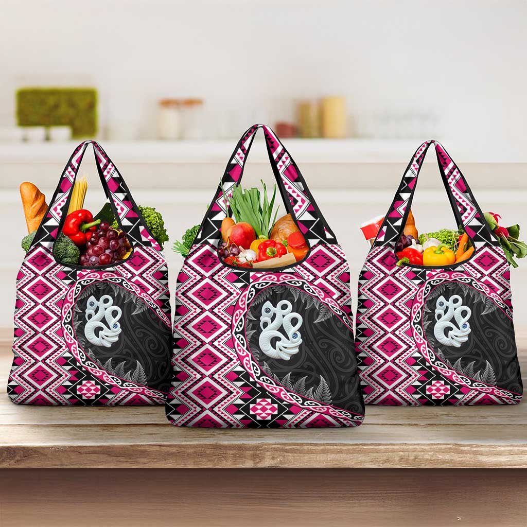 Pink Taniko Motif Aotearoa Manaia and Silver Fern Grocery Bag LT03 3-pack One Size Pink - Polynesian Pride