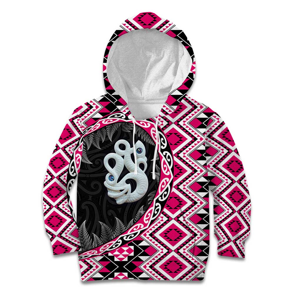 Pink Taniko Motif Aotearoa Manaia and Silver Fern Kid Hoodie