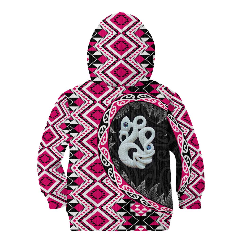 Pink Taniko Motif Aotearoa Manaia and Silver Fern Kid Hoodie