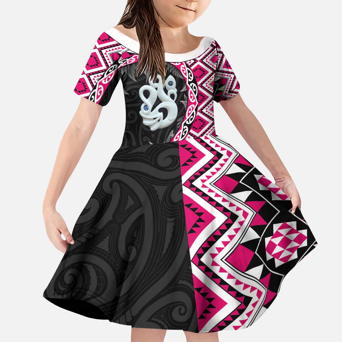 Pink Taniko Motif Aotearoa Manaia and Silver Fern Kid Short Sleeve Dress